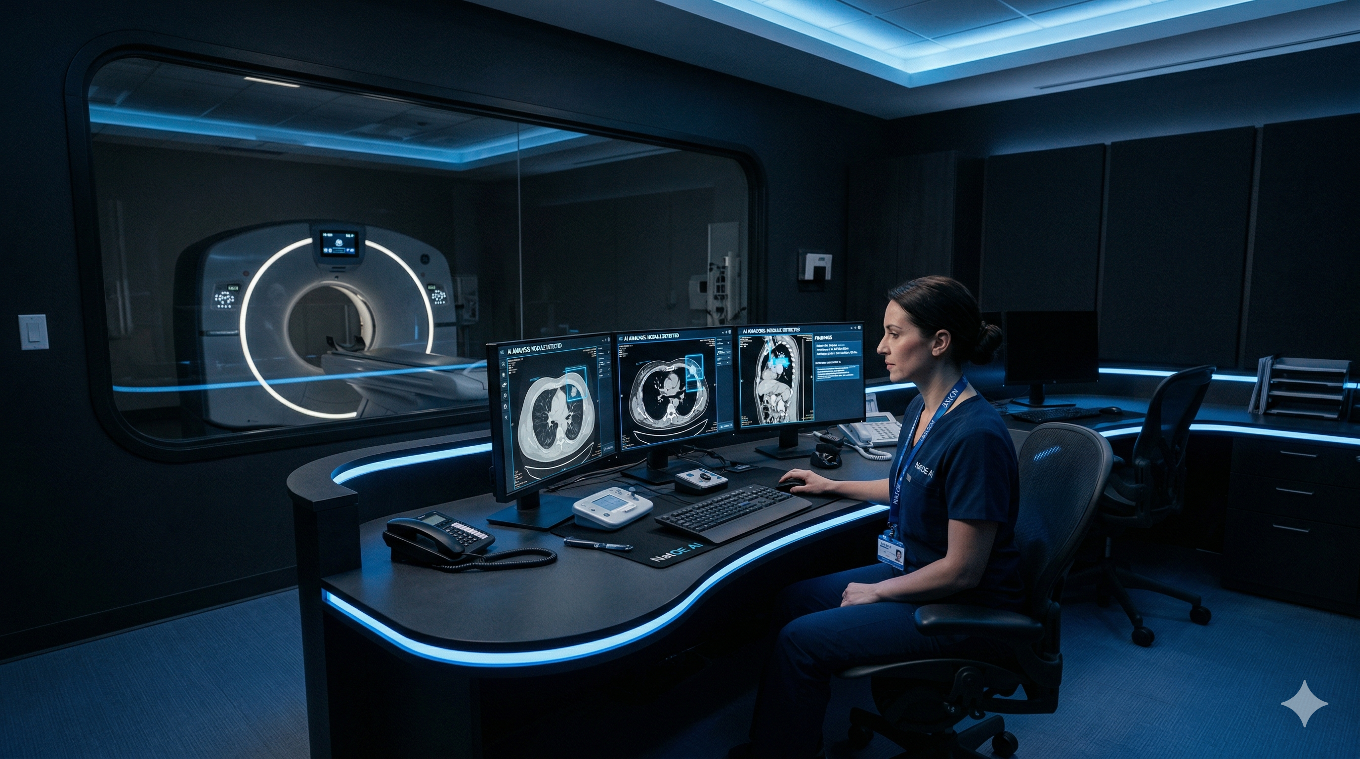 Modern imaging center control room with AI-powered radiology workstation displaying CT scans