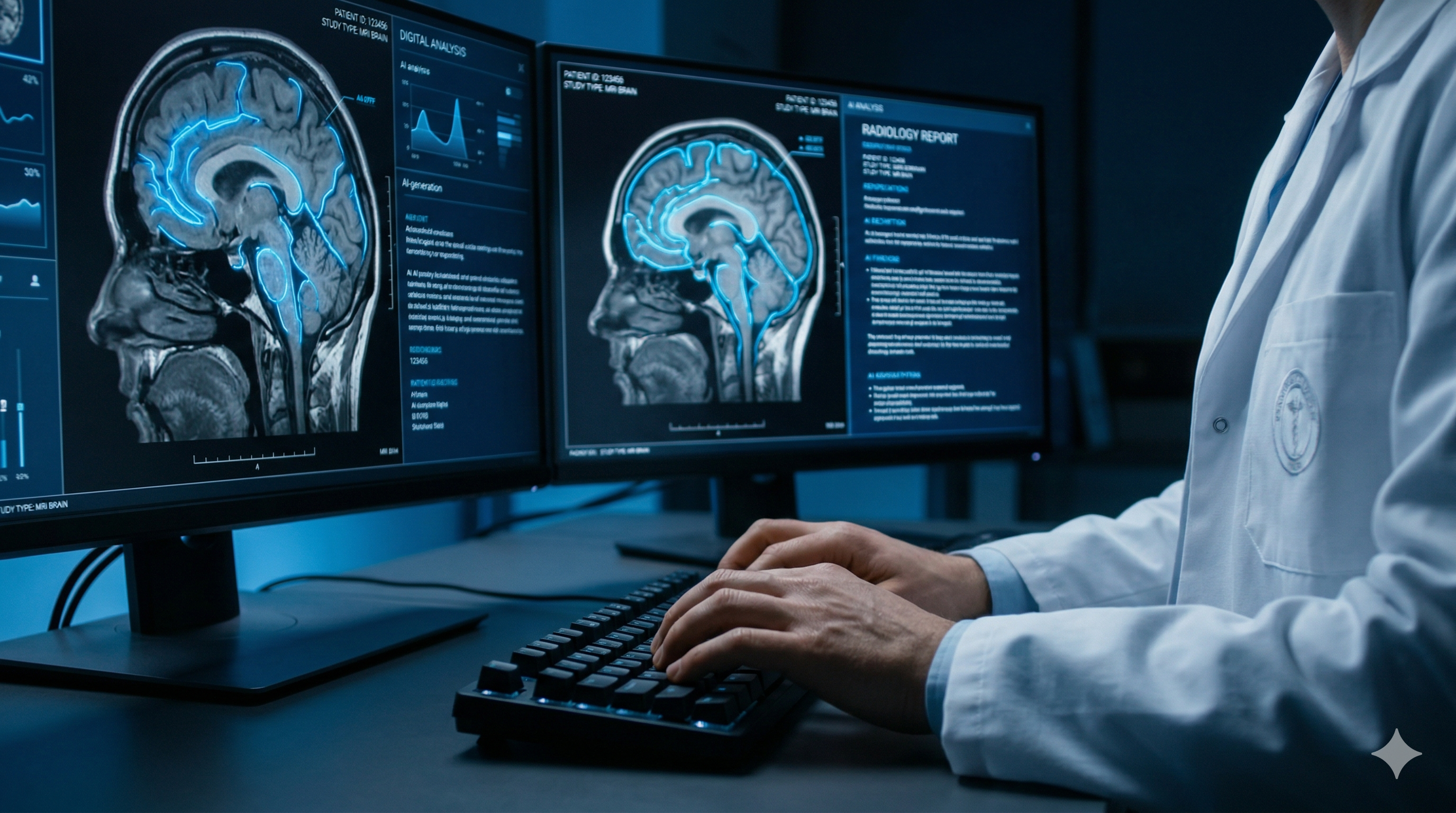 Radiologist reviewing MRI brain scans with AI analysis on diagnostic monitors in dark reading room
