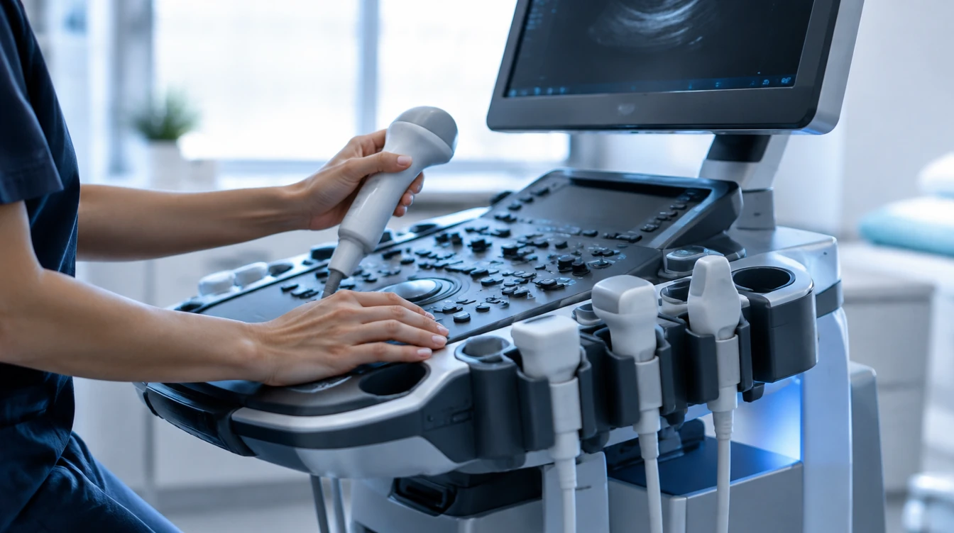 Sonographer preparing an ultrasound transducer beside the console
